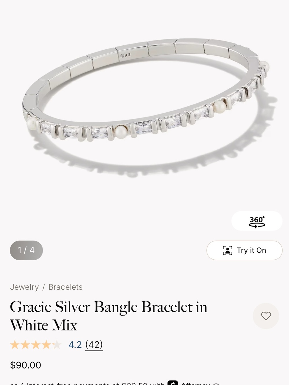 Kendra Scott Silver Bangle Bracelet with White Pearls and Clear Stones